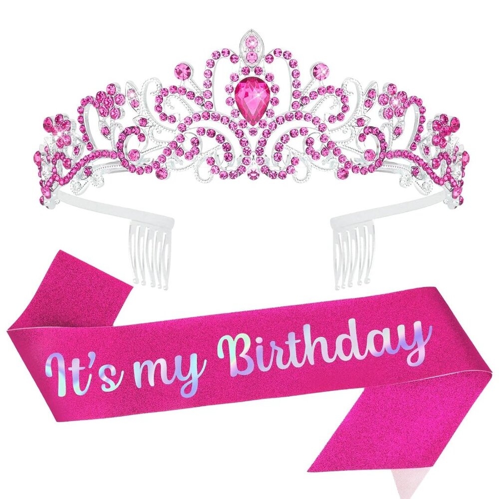 Hot Pink Birthday Headband & Crown - Happy Birthday Princess Tiara For Women & G